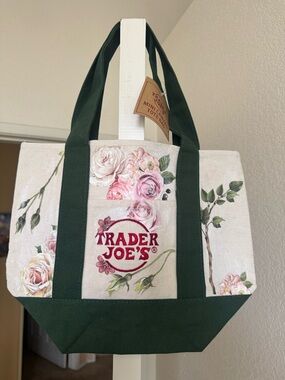 Floral Customized Canvas Trader Joe Mini  Tote Bag in Dark Green and Cream